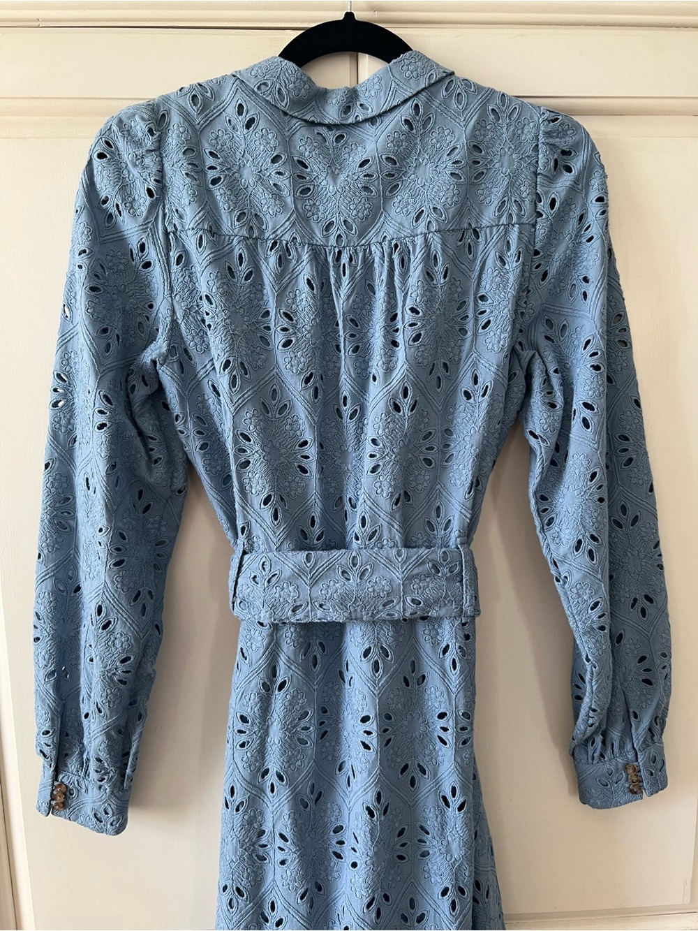 Sezane Bella Dress in Bleu Vintage, Eyelet Maxi w/ Tie Waist, size 36 - Picture 8 of 16